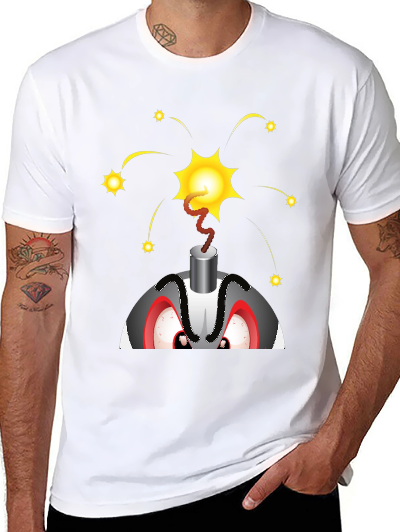 Explosive Cartoon Bomb Graphic Tee - Black Cotton Shirt