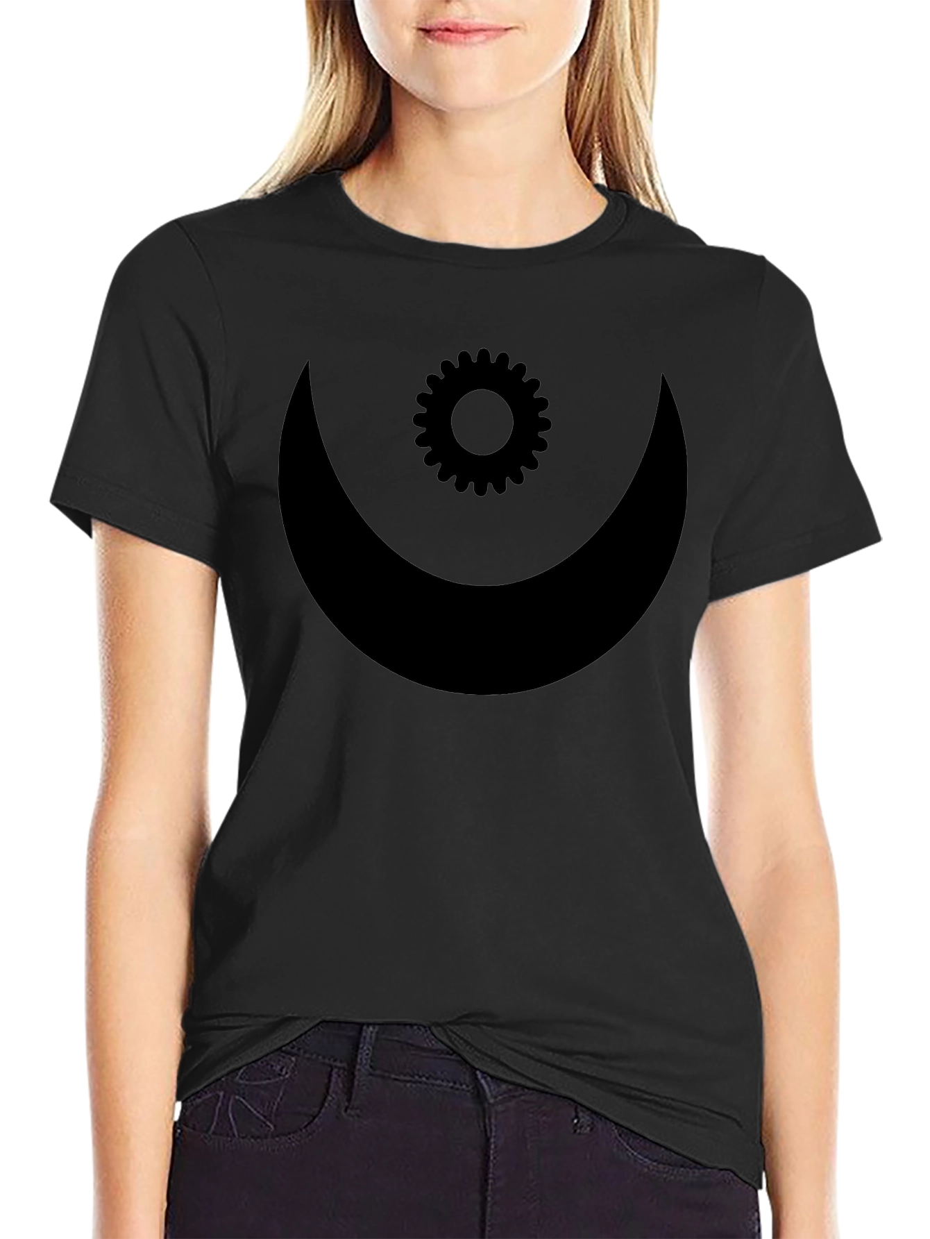 Mens Black T-Shirt with Crescent Moon and Gear Design