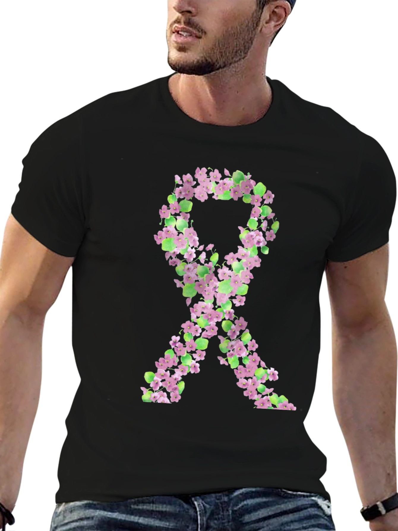 Floral Breast Cancer Awareness Ribbon T-Shirt