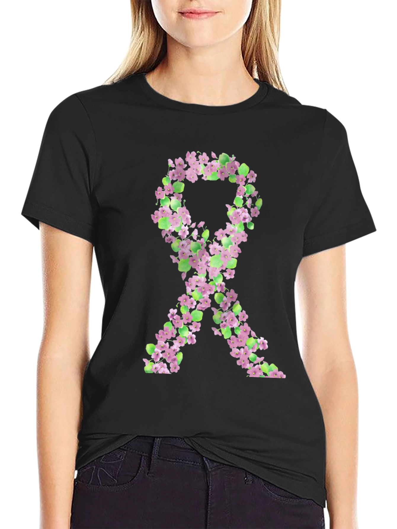 Floral Breast Cancer Awareness Ribbon T-Shirt