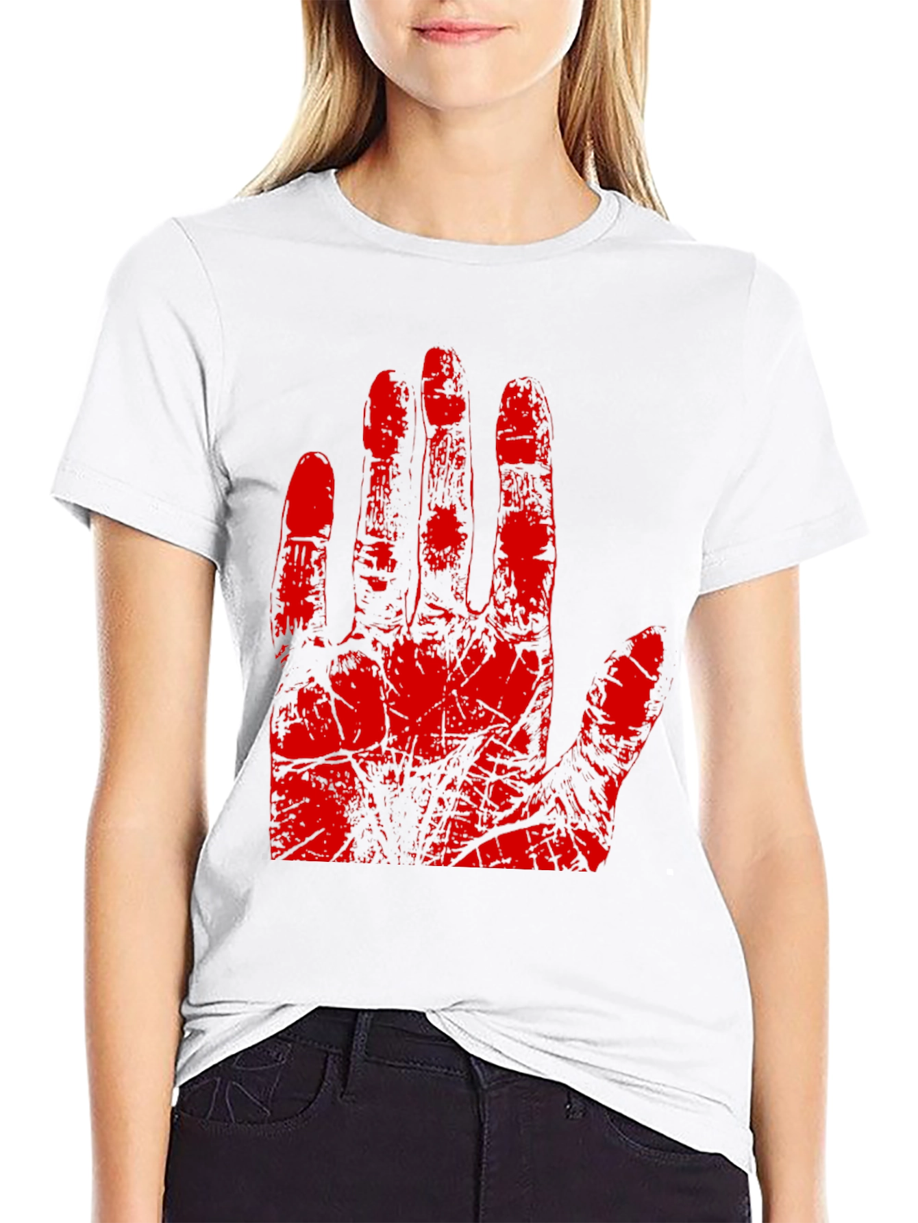 Red Hand Print Graphic Tee - Black Cotton T-Shirt