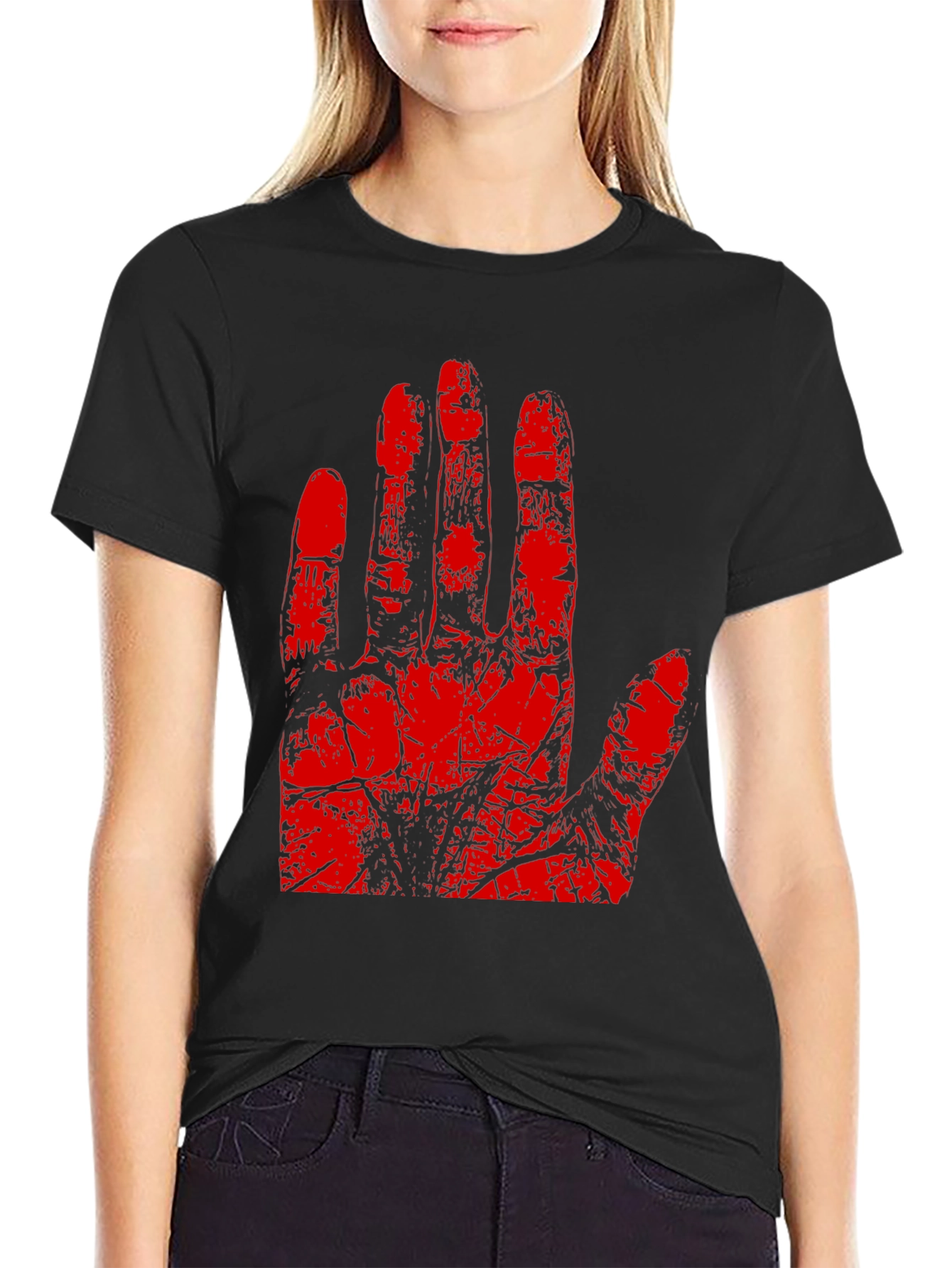 Red Hand Print Graphic Tee - Black Cotton T-Shirt