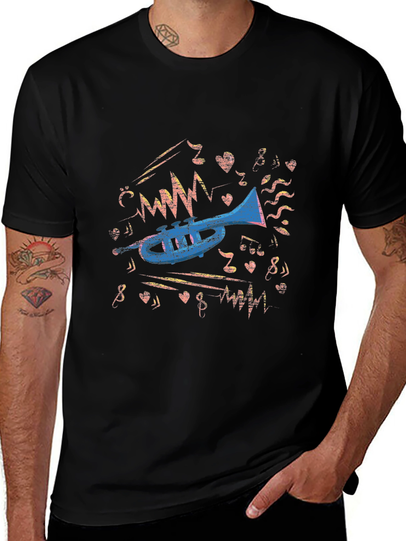 Musical Trumpet Graphic Tee - Black Cotton T-Shirt