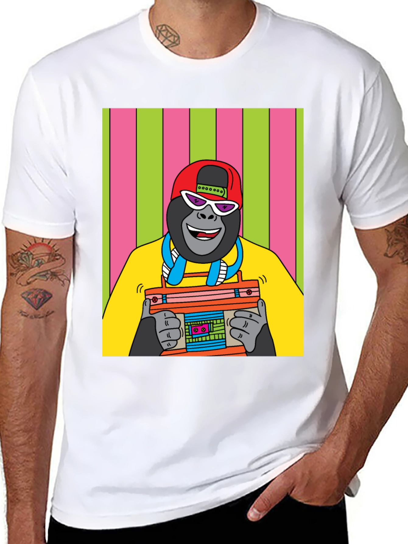 Cool Gorilla Graphic T-Shirt - Retro Boombox Design
