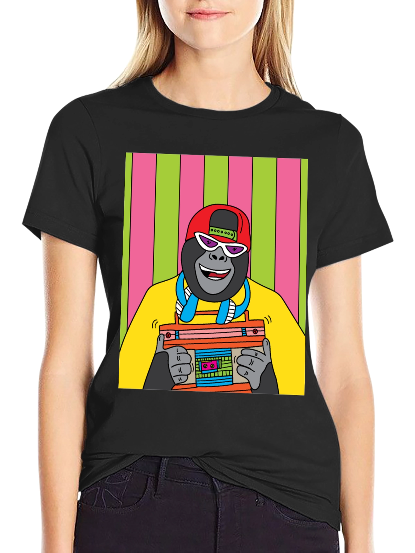 Cool Gorilla Graphic T-Shirt - Retro Boombox Design