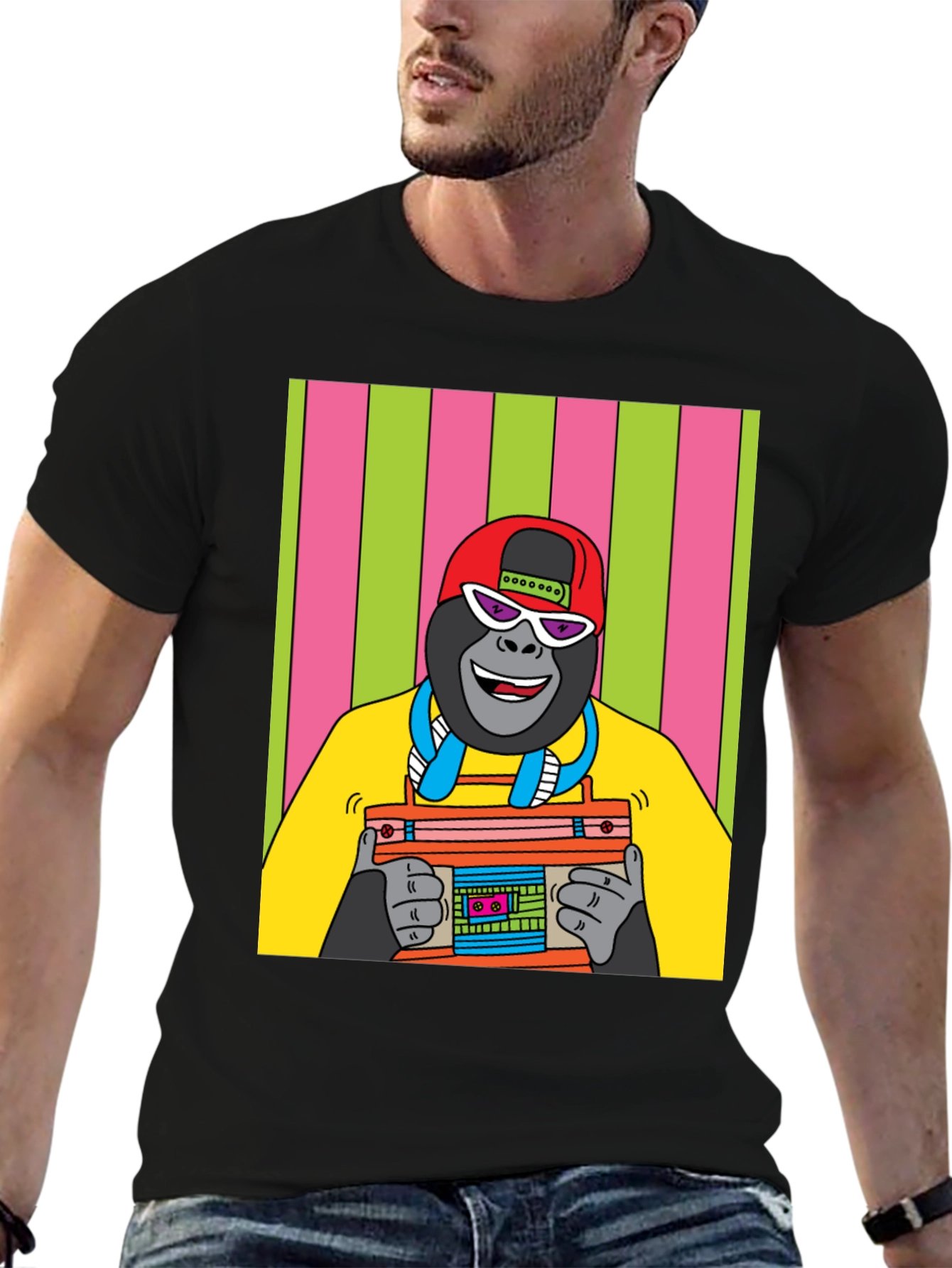 Cool Gorilla Graphic T-Shirt - Retro Boombox Design