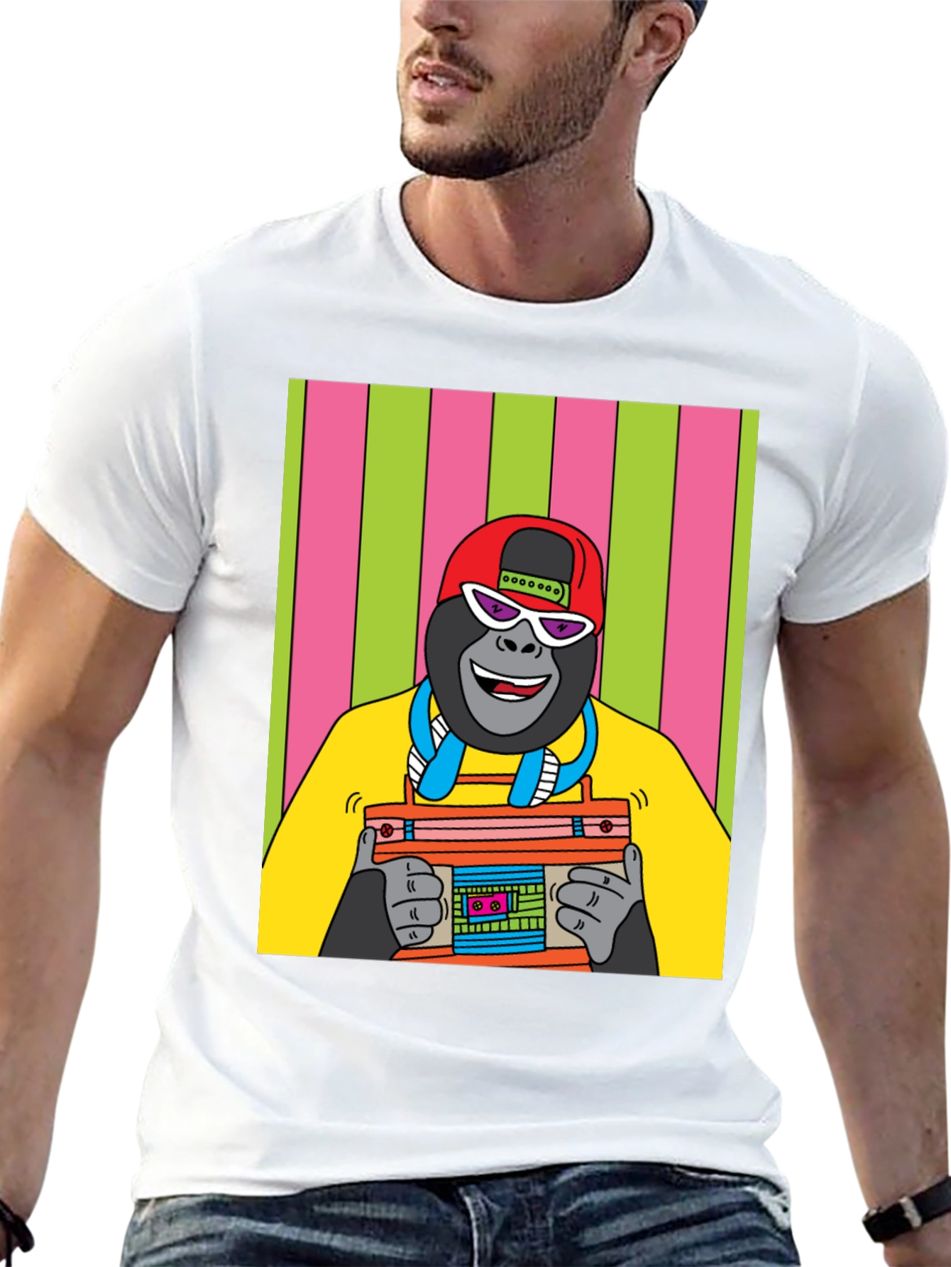 Cool Gorilla Graphic T-Shirt - Retro Boombox Design