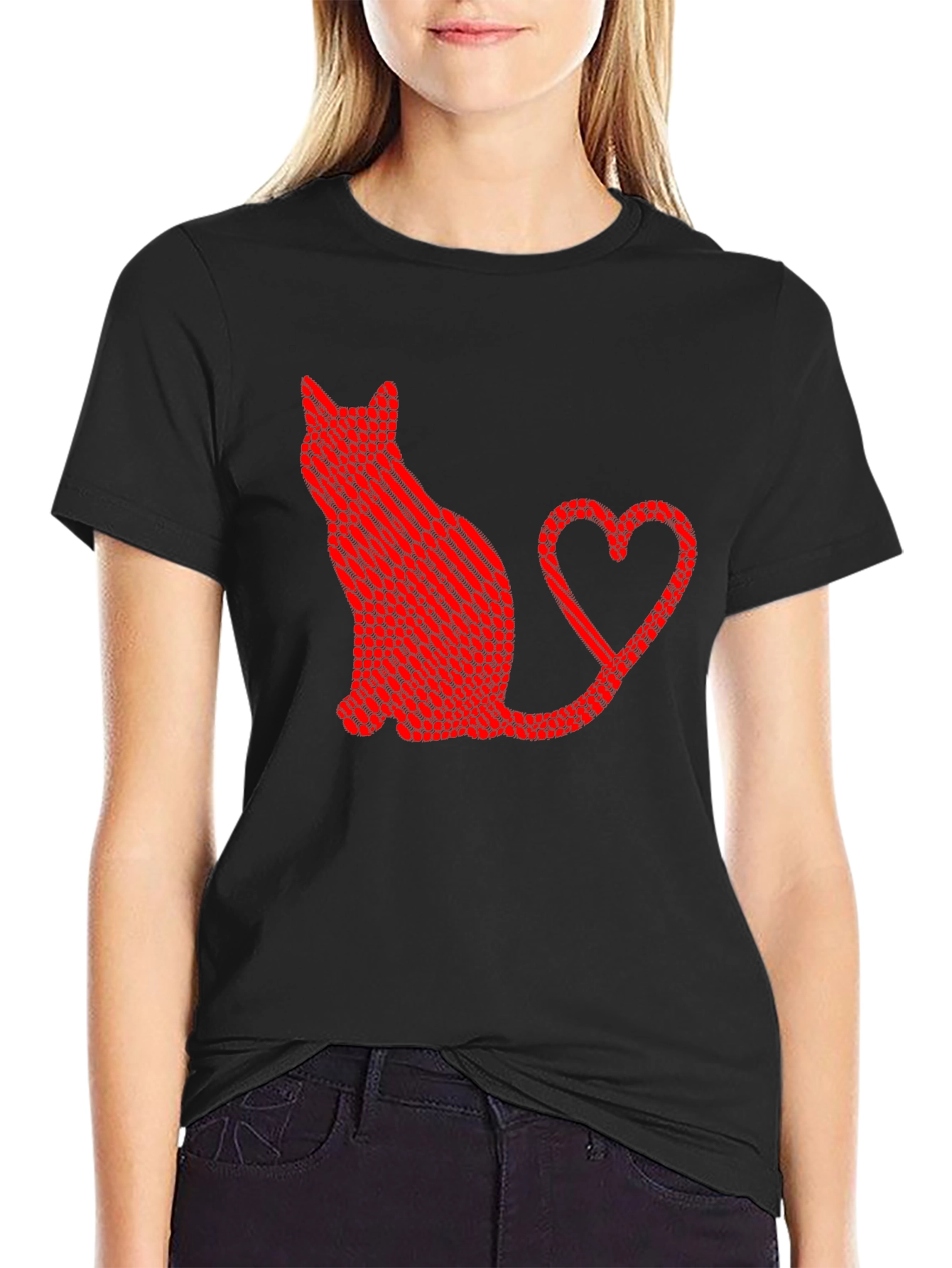 Cat Heart Tail Graphic T-Shirt - Black