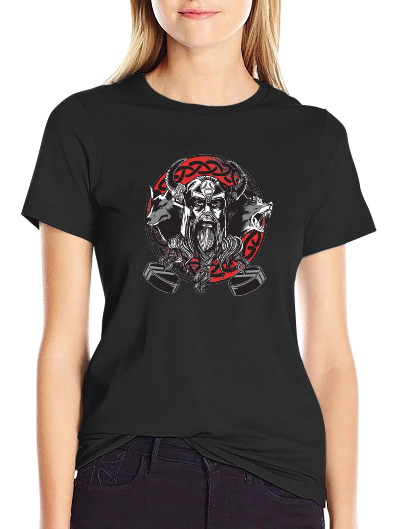 Viking Warrior Black T-Shirt with Wolves