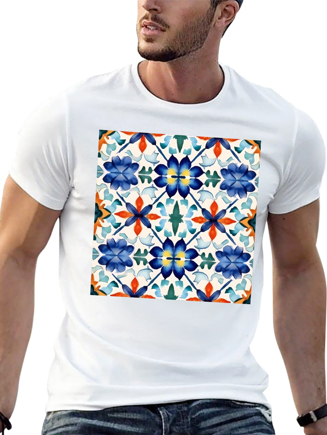 Floral Tile Pattern Black T-Shirt