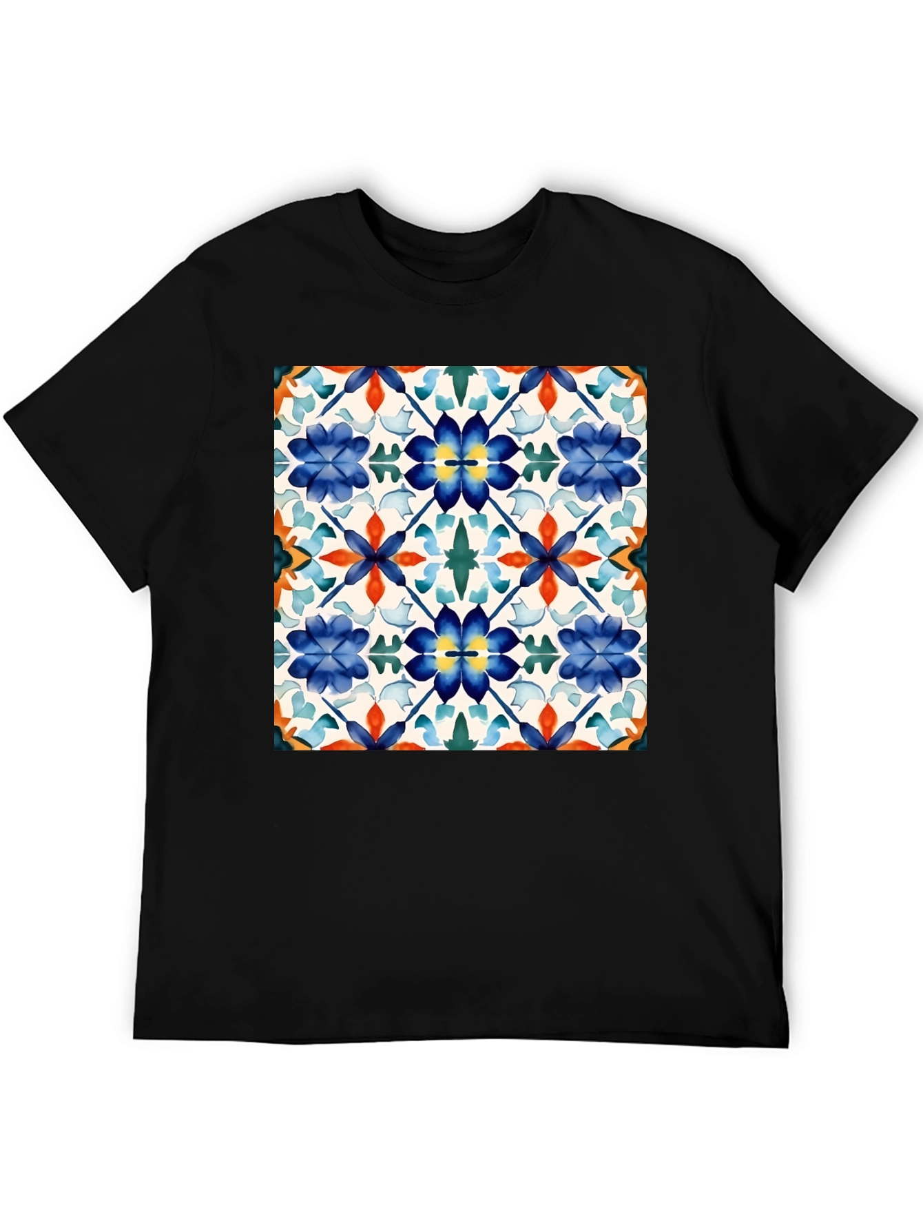 Floral Tile Pattern Black T-Shirt