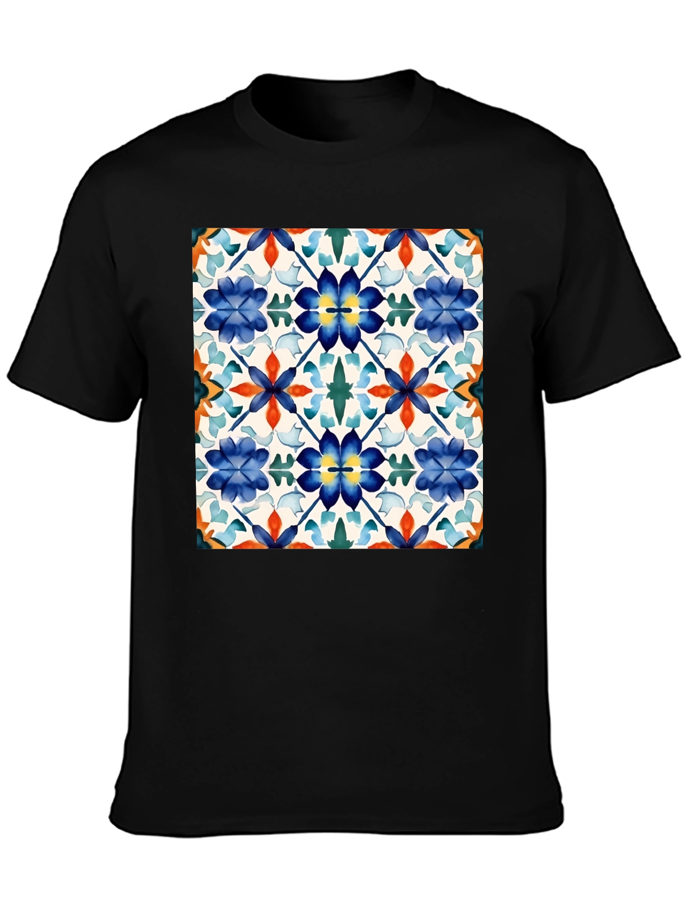 Floral Tile Pattern Black T-Shirt