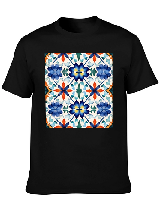 Floral Tile Pattern Black T-Shirt