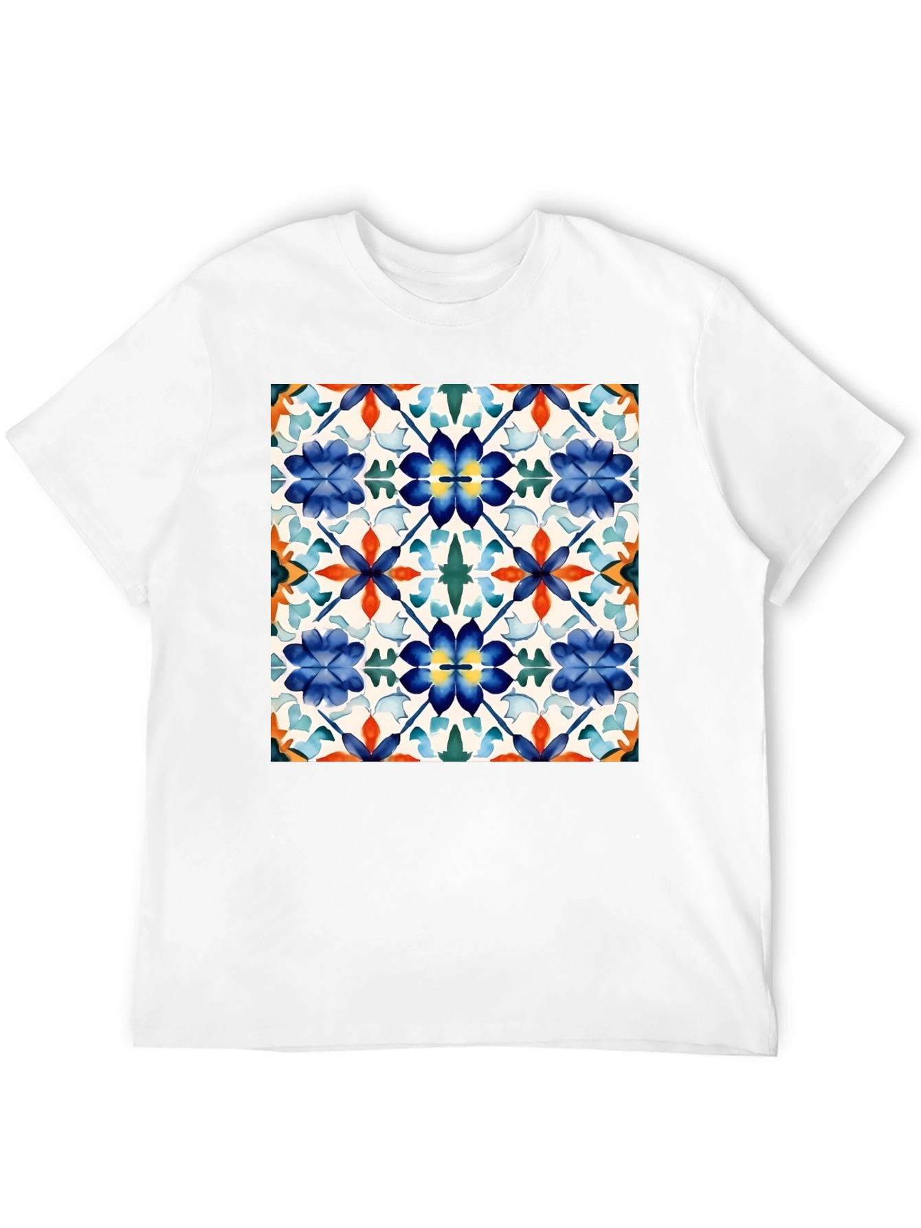 Floral Tile Pattern Black T-Shirt