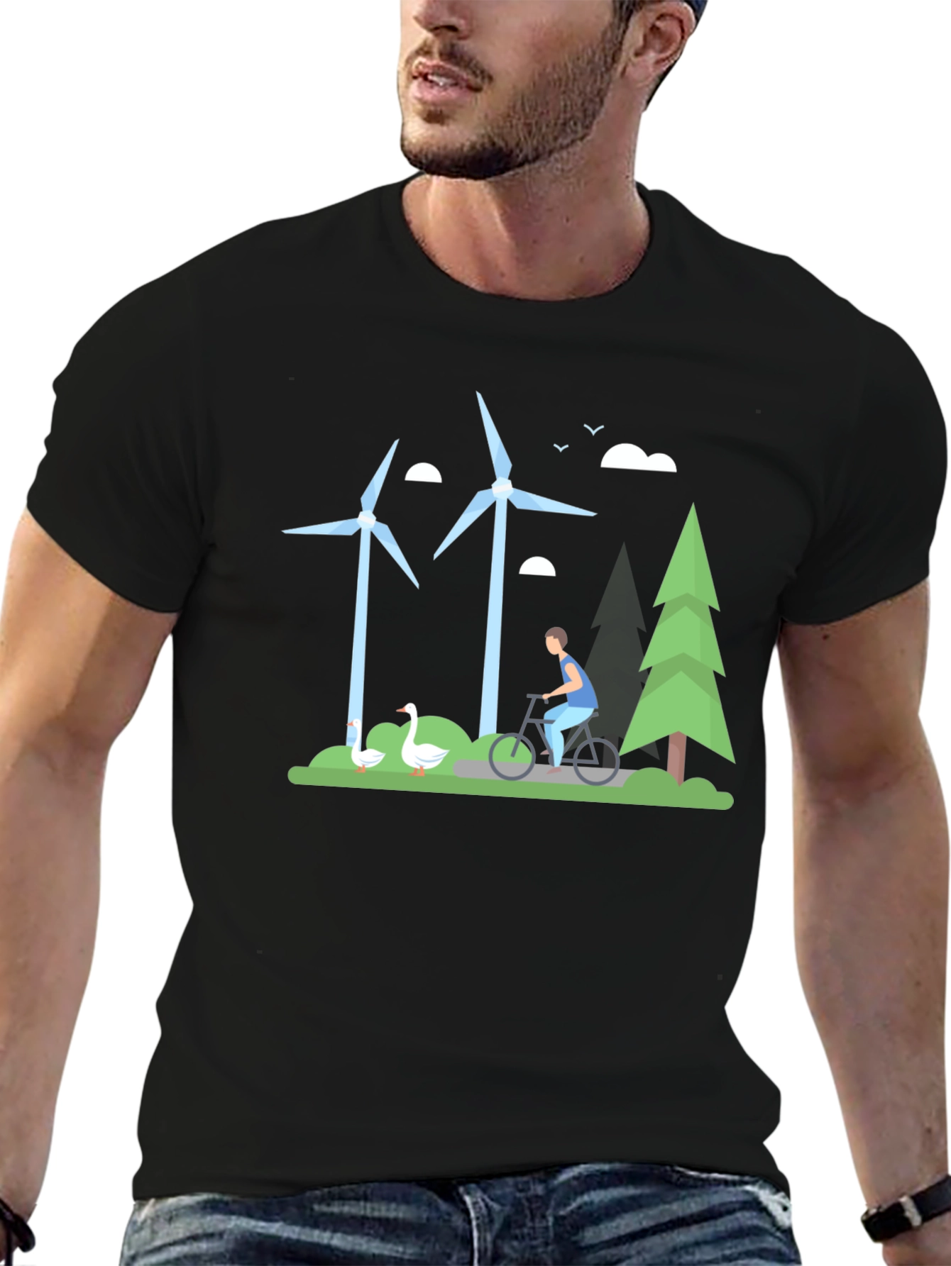 Eco-Friendly T-Shirt with Windmill & Cyclist Graphic